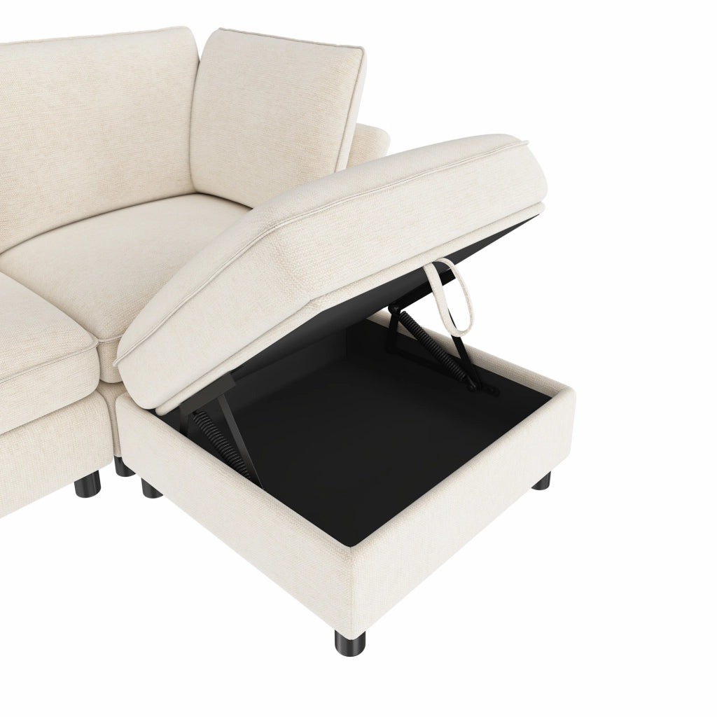 DIVANO Modulare a L 225x137x84 cm Chenille Beige con pouf