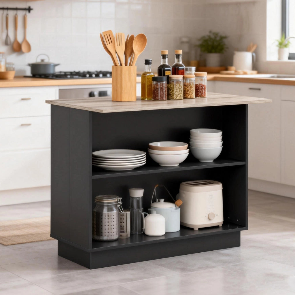 Isola Cucina con 2 Ripiani e 2 Armadietti ¨C zephmum ¨C MDF, Rovere e Nero, 105x60x82 cm