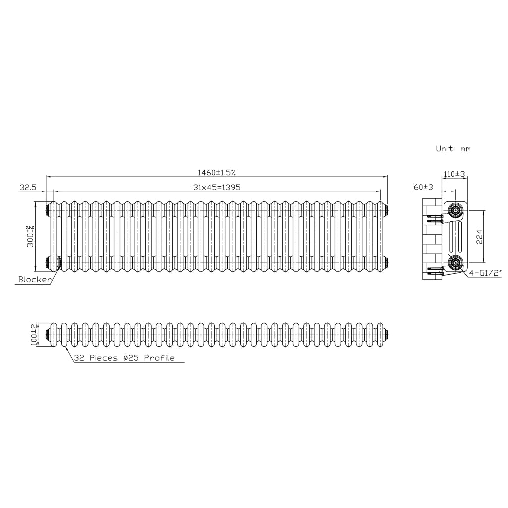 Radiatore 3 Colonne Orizzontale Metallo Grezzo 300 x 1460 mm TRV