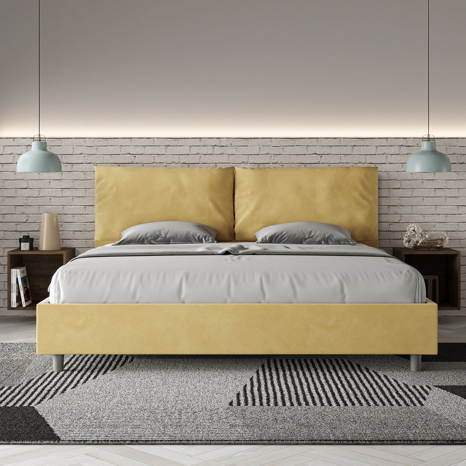 Letto Matrimoniale King Size 200x200 cm con Rete Imbottito in Microfibra Antea Large Ocra