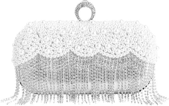 Borsa da Spalla per Donna con Frangia e Strass, Portamonete con Cerniera e Catena, Borsa da Spalla Elegante per Matrimonio, Festa di Sera, Compleanno e Festa di Ballo, Argento.