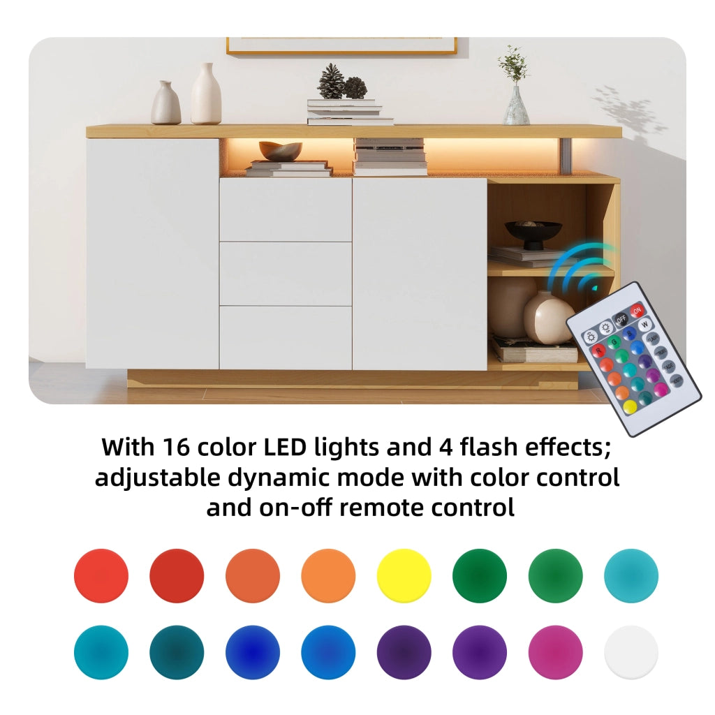 OKWISH Madia con 2 Ante, 3 Cassetti e 2 Vani Aperti, LED e Ripiani Regolabili, per Soggiorno, 140 x 40 x 70 cm