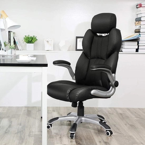 Ergonomica Bureaustoela con Meccanismo di Inclinazione - Sedia di Direttore Ergonomica - Sedia di Ufficio con Supporto Cervicale Regolabile in Altezza e Braccia Ripiegabili - Pelle di Qualità - Carico Elevato