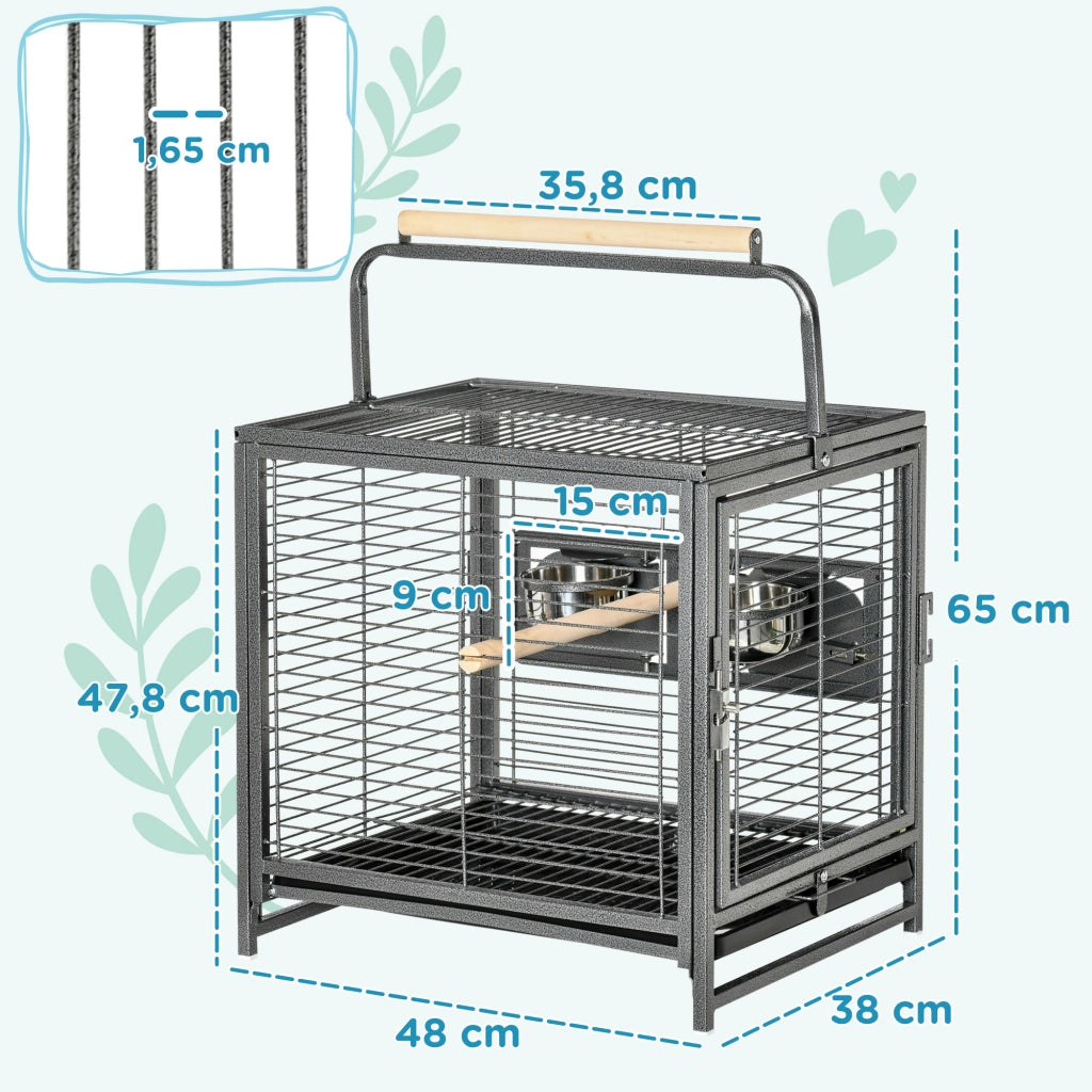 Gabbia per Uccelli Portatile con 2 Posatoi in Legno 2 Mangiatoie e Vassoio Estraibile ¨C zephmum ¨C 48x38x47,8 cm Nero
