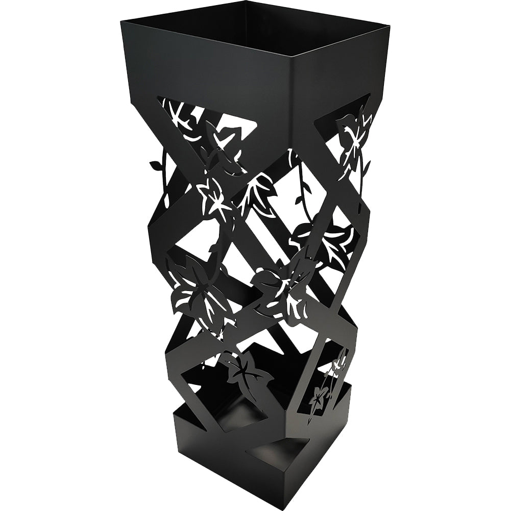 Portaombrelli da Ingresso Design Floreale Quadrato 15,5x15,5x49 cm in Ferro Nero