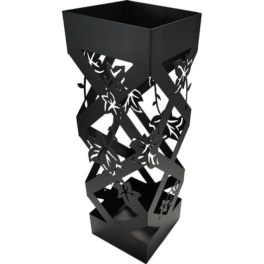 Portaombrelli da Ingresso Design Floreale Quadrato 15,5x15,5x49 cm in Ferro Nero