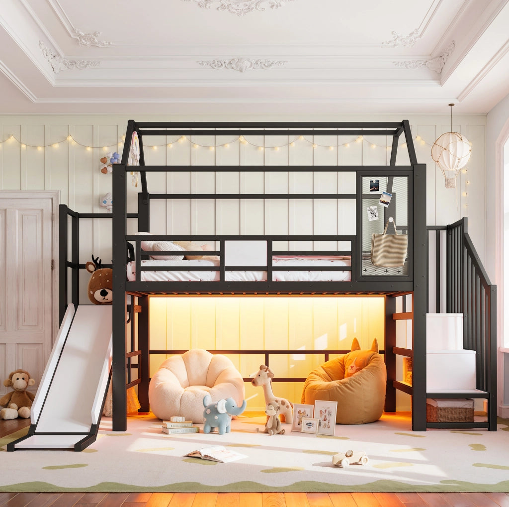 Letto a soppalco per bambini 90x200 cm a casetta con scivolo e LED Bluetooth nero HAVRYA