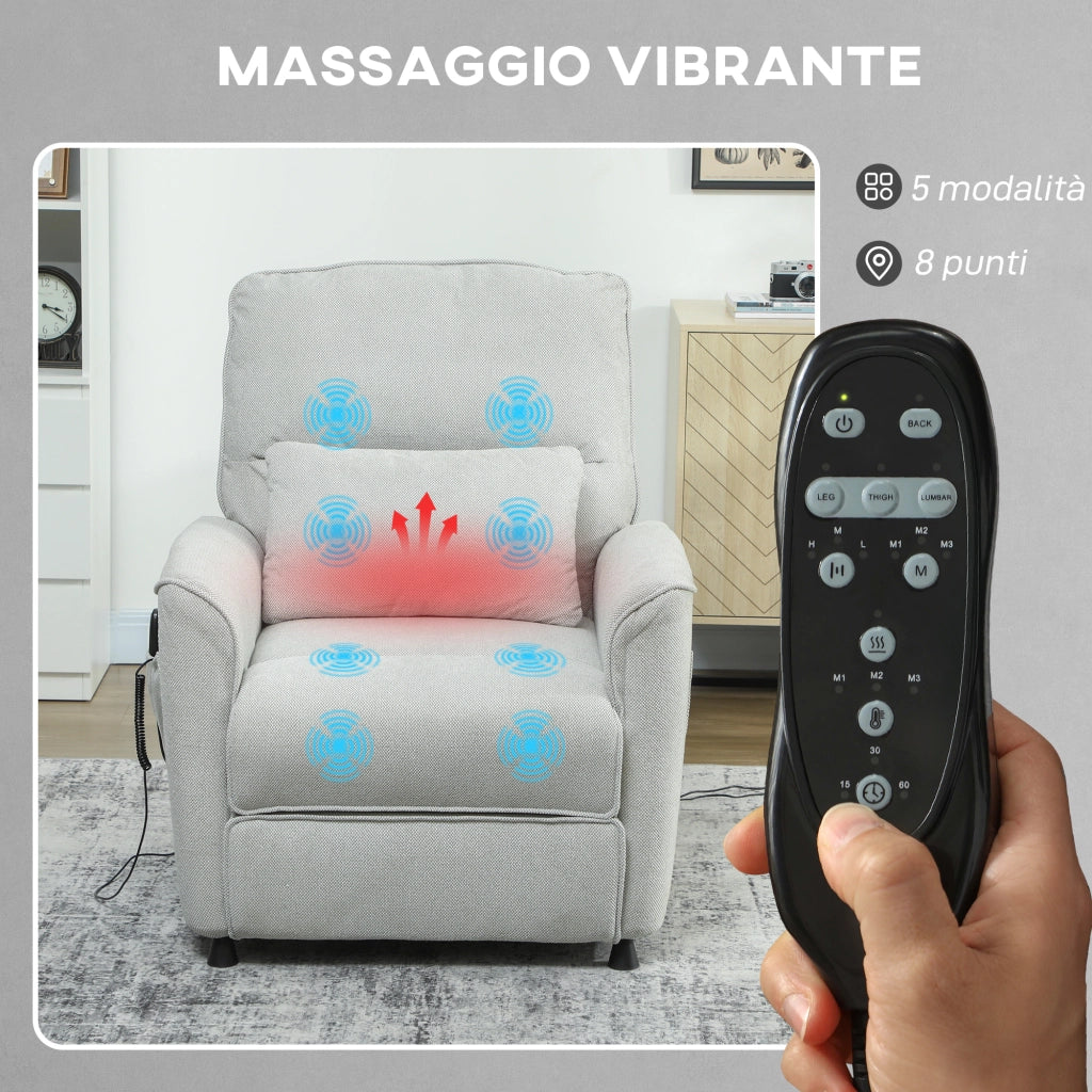 Poltrona Reclinabile con Riscaldamento 8 Punti Massaggio e 5 Modalità 88x93x102 cm in Tessuto Ciniglia Grigio Chiaro