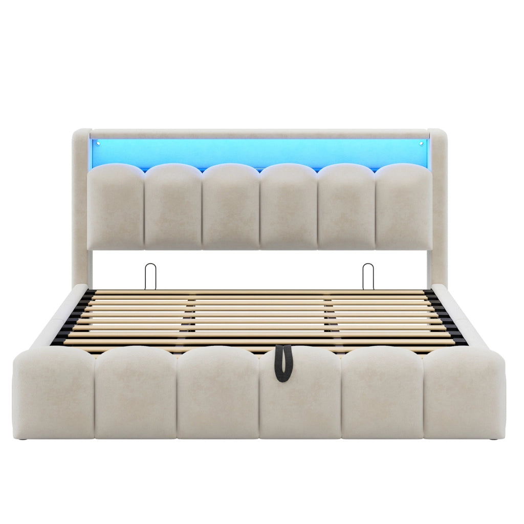 Letto imbottito 180x200 cm con contenitore; LED e USB in velluto beige