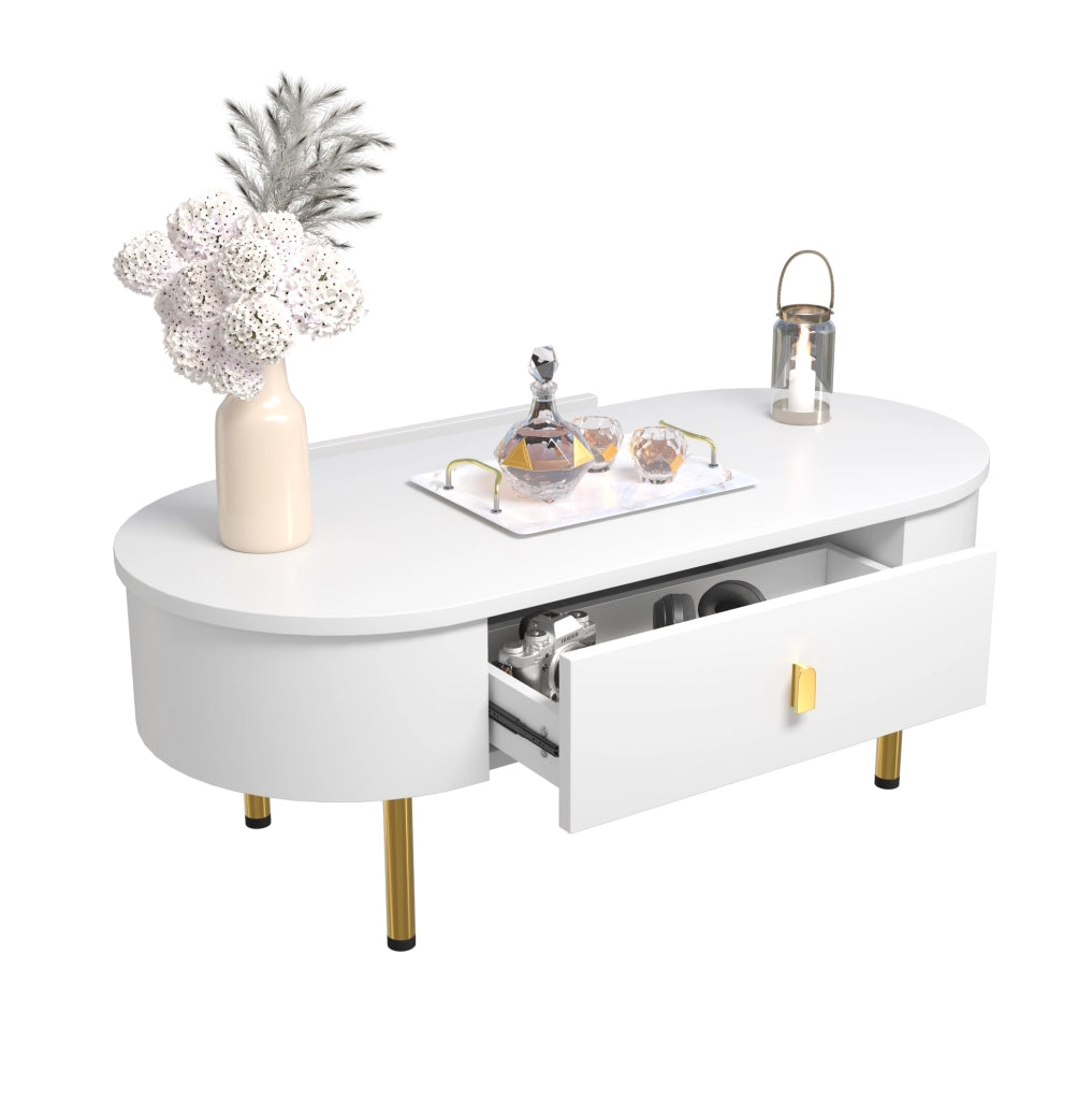 Tavolino da salotto 108x50x40 cm con 2 cassetti; MDF bianco e oro