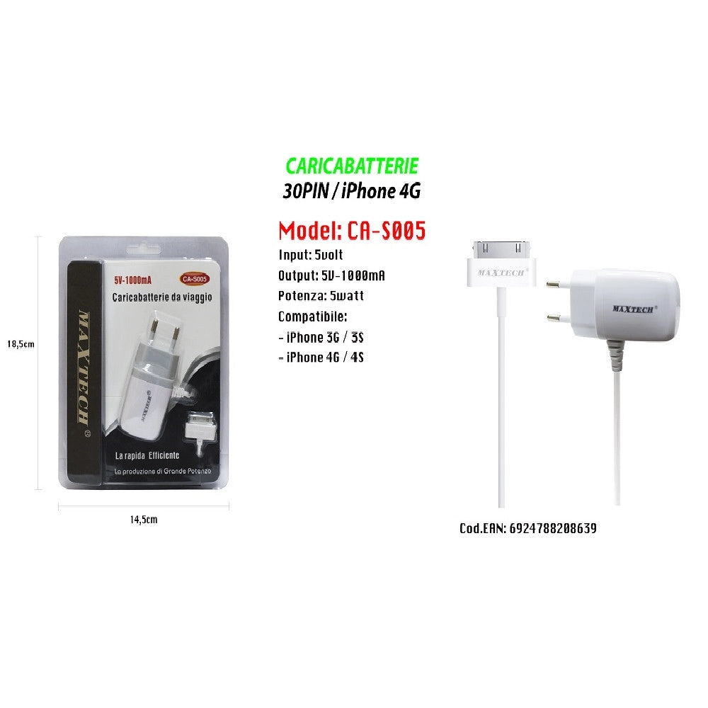 Trade Shop - Caricabatterie Da Viaggio Casa 30pin Iphone 3g/3s/4g/4s 5volt-1000ma Maxtech Ca-s005 -