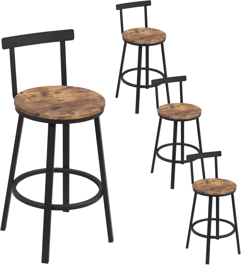 Sgabelli Cucina Set di 4, Sgabelli da Bar per Colazione, con Poggiapiedi e Schienale, Struttura in Metallo, Nero