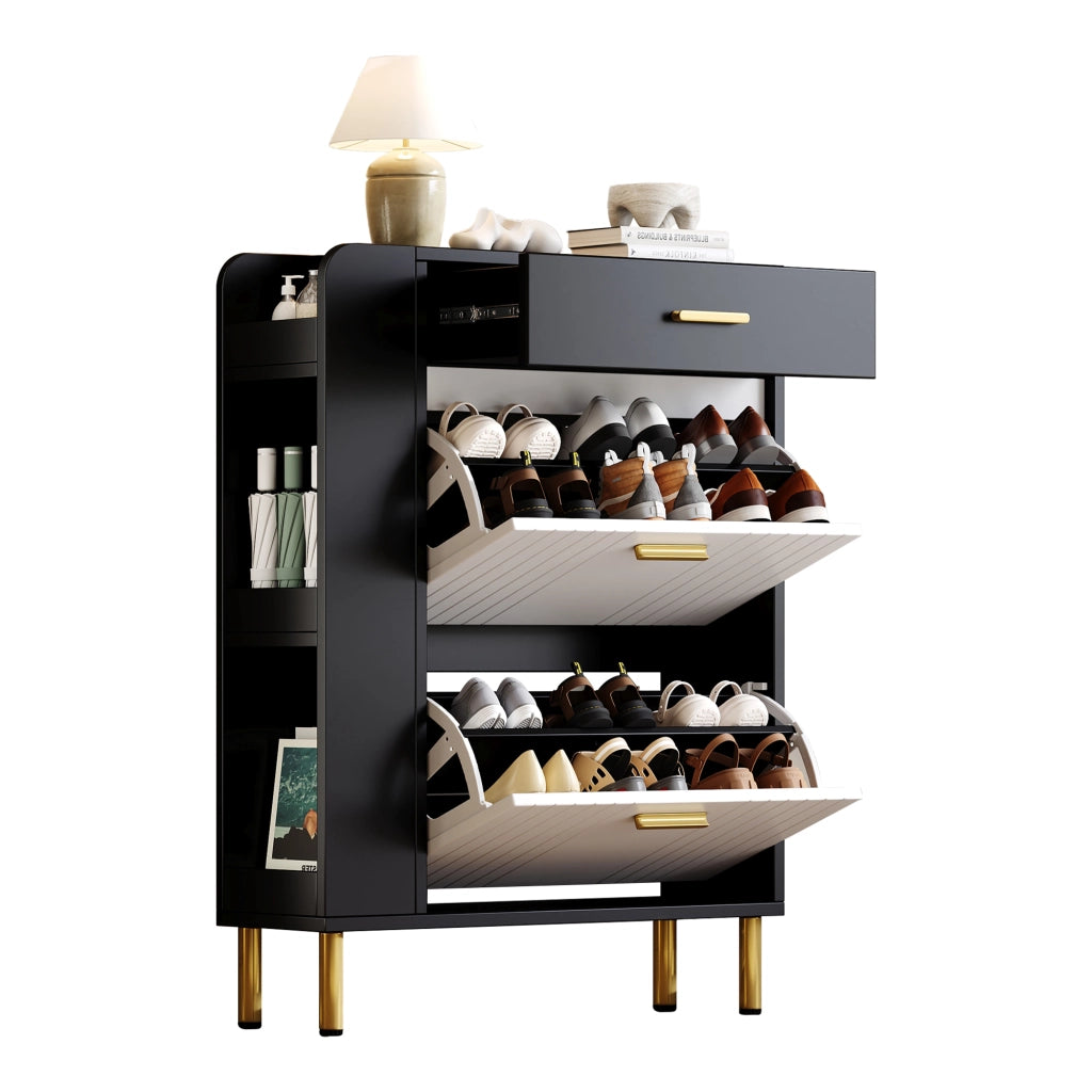 Scarpiera Slim con Ante, Cassetto e Ripiani ¨C MINIMAL ¨C Bianco/Nero, 80x24x105 cm
