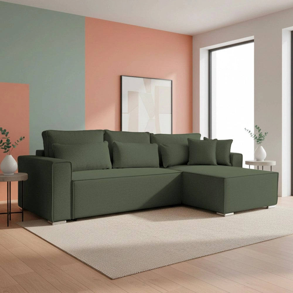 Divano Angolare Emily verde con Letto Easy Open, Contenitore e Penisola Reversibile – Comfort e Design per il Living