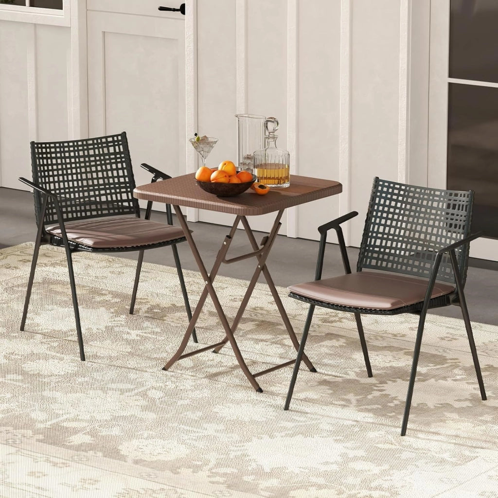 Tavolo da picnic pieghevole per 2 persone con piano in HDPE, tavolo da patio quadrato con texture in rattan con telaio in metallo, senza assemblaggio, per interni ed esterni