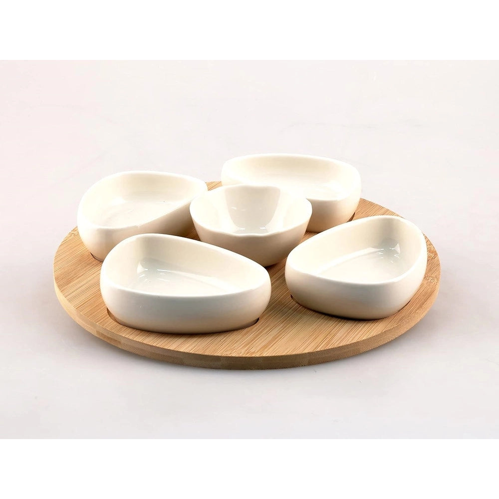 Trade Shop - Set Antipastiera Vassoio Girevole ø27cm In Bamboo Con 5 Ciotole Da Portata Snack Apertivi -