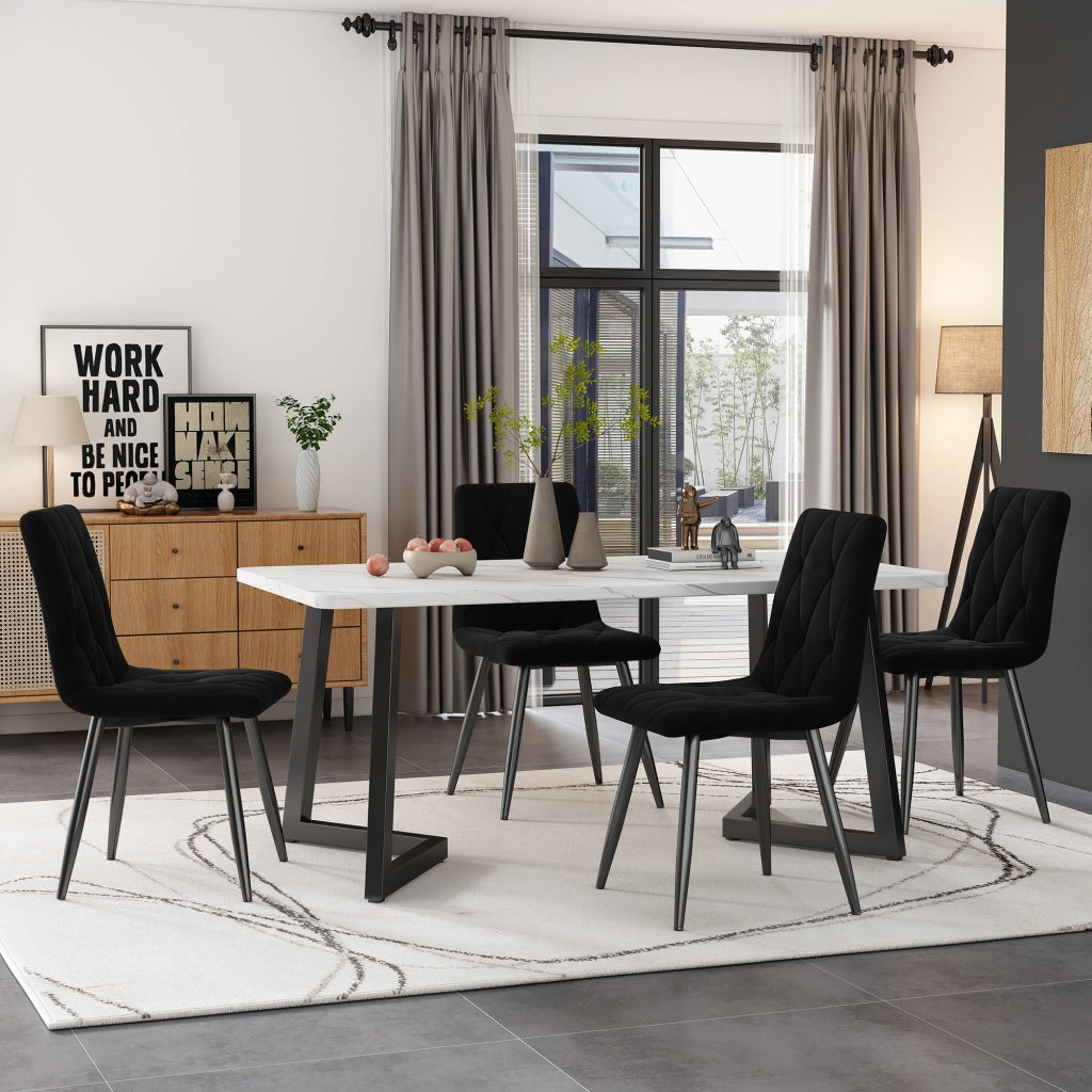 Gruppo tavolo da pranzo rettangolare con 4 sedie, set moderno da cucina, in MDF e velluto, nero, 117 × 68 × 75 cm