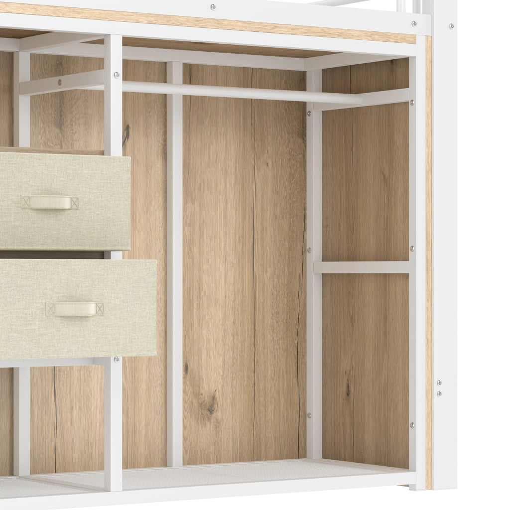 LETTO a soppalco 90x200 cm con 2 cassetti, guardaroba aperto, LED multicolore, bianco