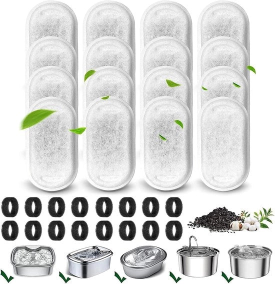 Filtro per fonte per animali - 16 pezzi di filtro e 16 pezzi di filtro a schiuma per fonte per animali - Filtro di sostituzione per fonte in acciaio inossidabile da 108 oz/32 l e 67 oz/2L