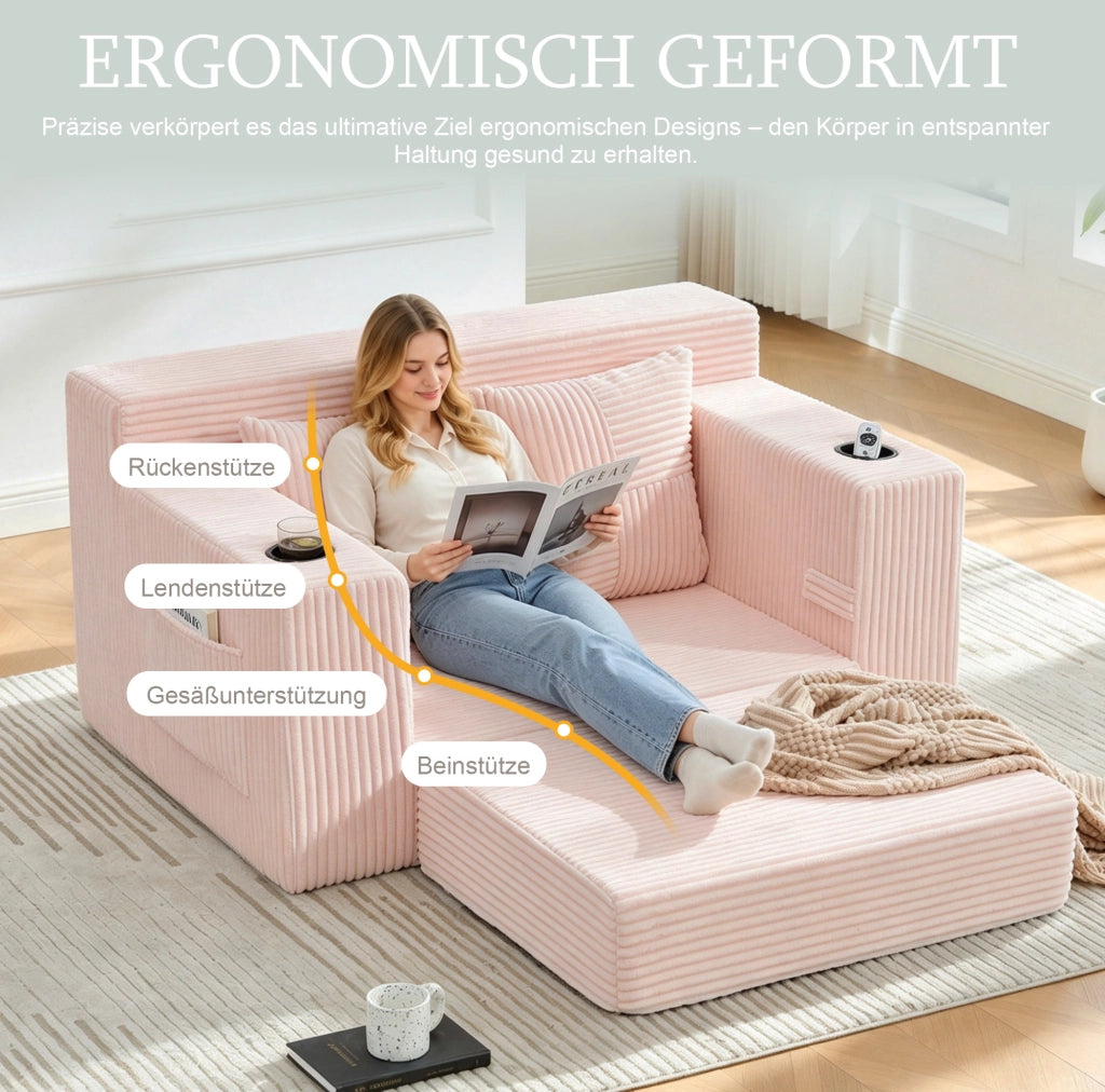DIVANO Pouf 151x133x64 cm in Velluto a Coste Rosa con 2 Cuscini