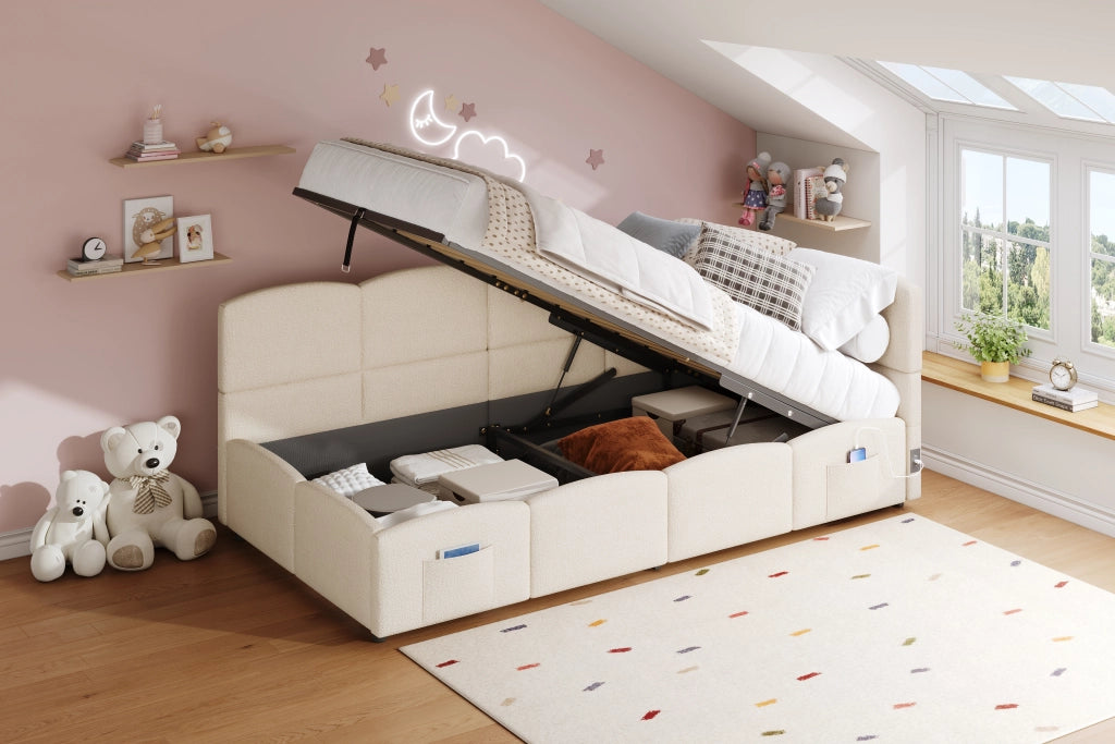 DESMIU Letto contenitore 90 × 200 cm 1 piazza con USB-A, USB-C, apertura idraulica e tasche, senza materasso, beige