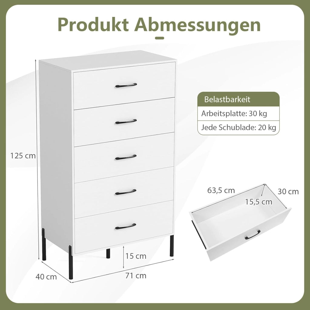 Cassettiera con 5 cassetti, cassettiera alto con gambe in metallo, antiribaltamento, per corridoio, cucina, soggiorno, camera da letto, 71 x 40 x 125 cm
