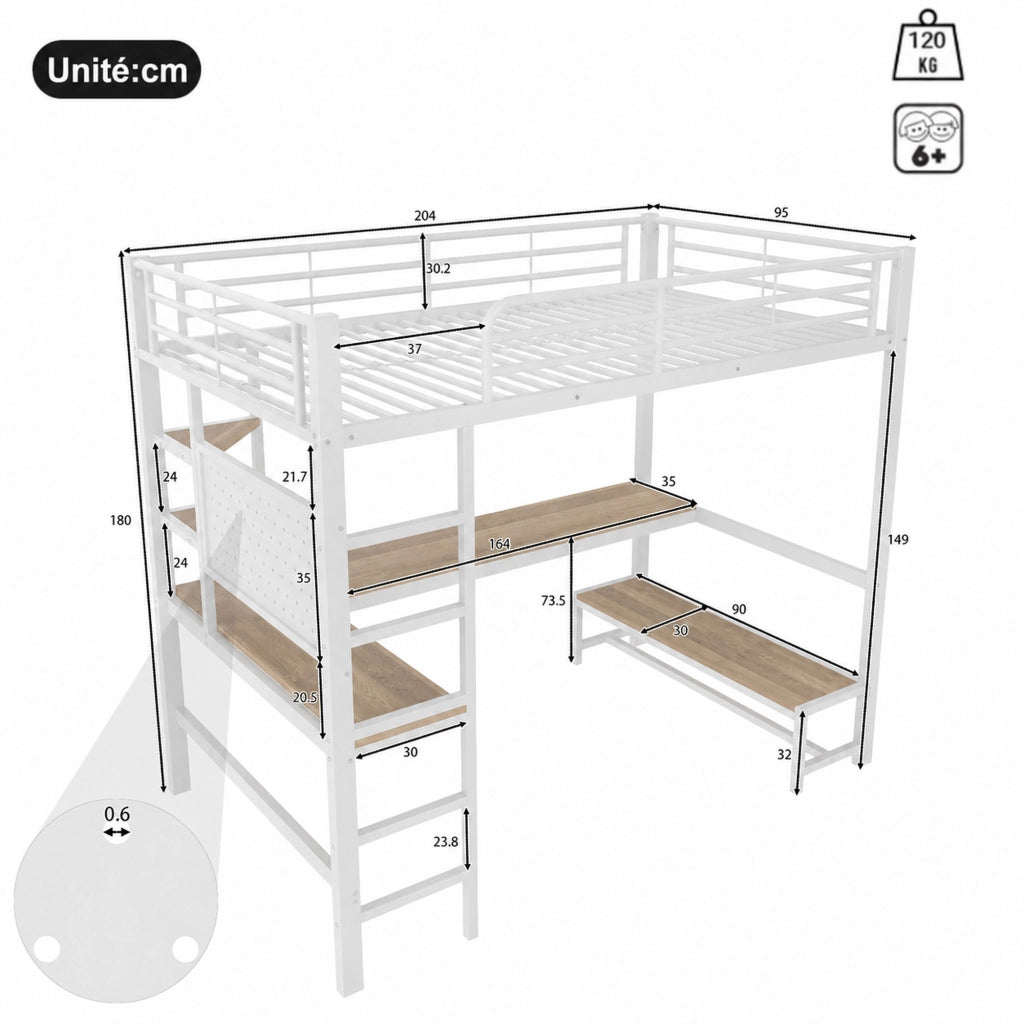 DESMIU Letto a soppalco 90 × 200 cm 1 posto con scrivania, ripiani, LED, USB e Type-C, senza materasso, bianco