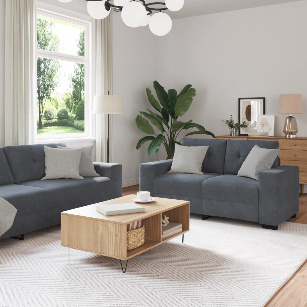 Set Divano a 3 Pz con Cuscini in Velluto Grigio Scuro