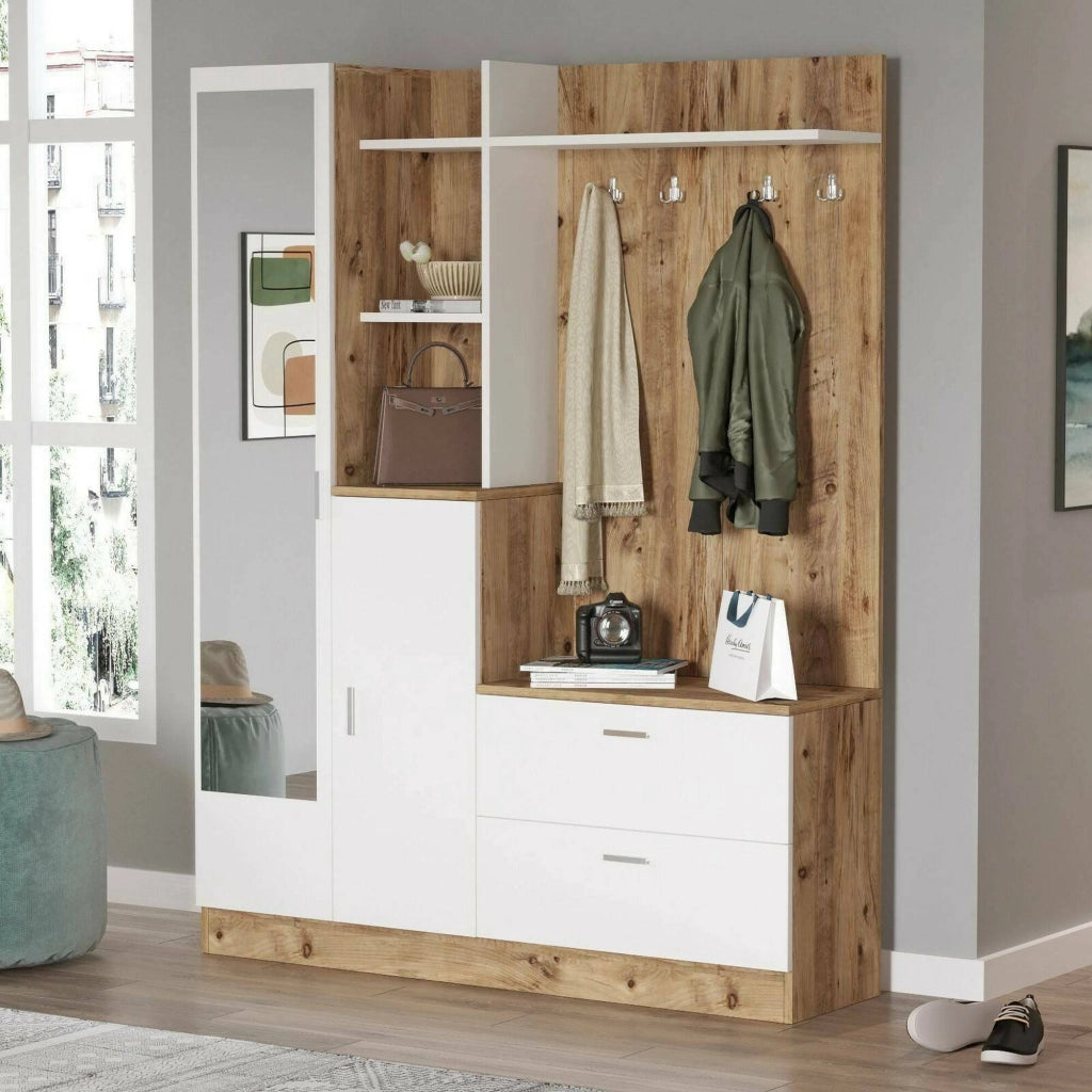 Mobile da ingresso Anumali, Entratina appendiabiti, Composizione per atrio, Consolle portaoggetti multifunzione, 140x37h182 cm, Quercia e Bianco