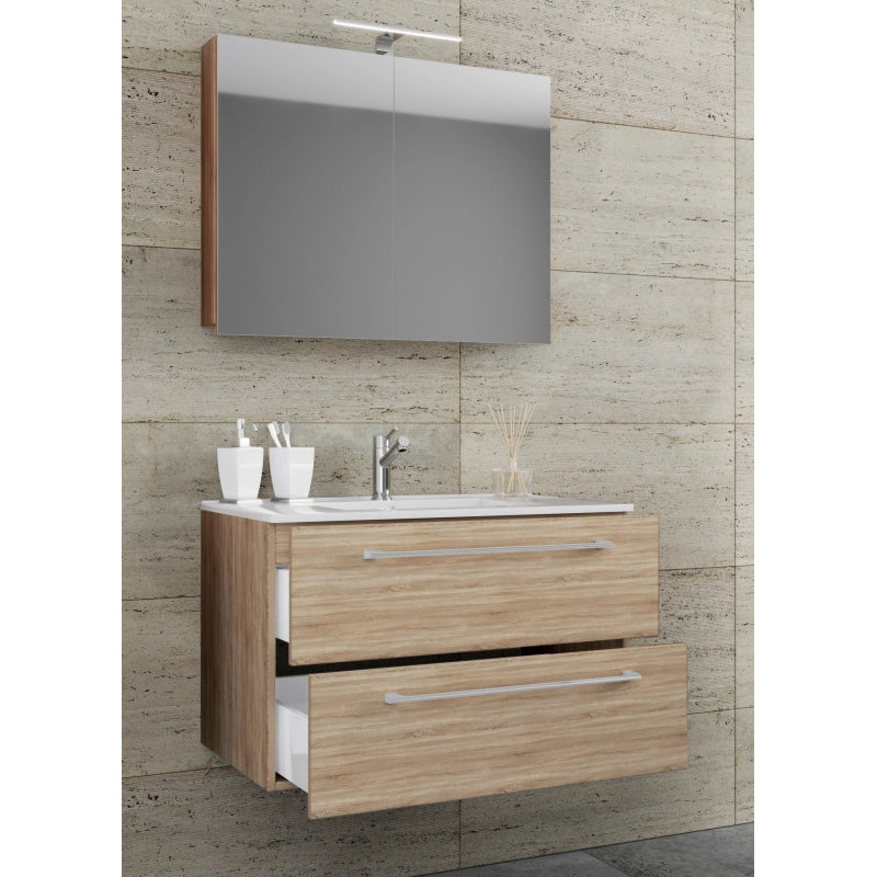 Completo di Ezooza Mobile Sospeso con 2 cassetti Large con lavabo in ceramica di alta qualità e mobile specchio, Rovere Sonoma ,