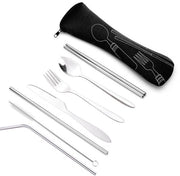 Set di utensili da viaggio 7 pezzi, forchetta e coltello, borsa portatile, cucchiaio in acciaio inossidabile e set di spiedini da cibo