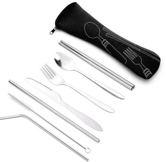 Set di utensili da viaggio 7 pezzi, forchetta e coltello, borsa portatile, cucchiaio in acciaio inossidabile e set di spiedini da cibo
