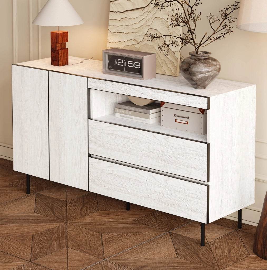Credenza ULEVR 140x42x77 cm con ante senza maniglie, cassetti e ripiani aperti, bianca