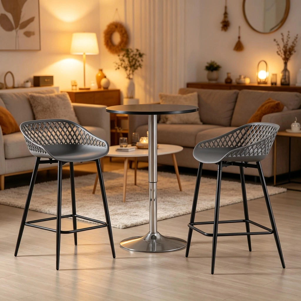 Sgabello da bar set da 2 con schienale traforato e poggiapiedi in pp e metallo grigio per cucina e giardino