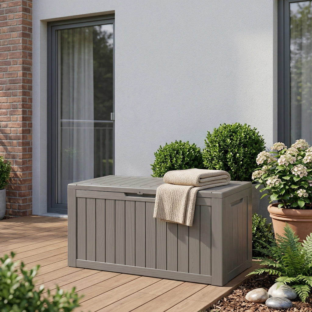 Baule da Giardino Vades Contenitore Multiuso 117 x 47 x 59 cm - Grigio Chiaro, Effetto Legno casa.pro