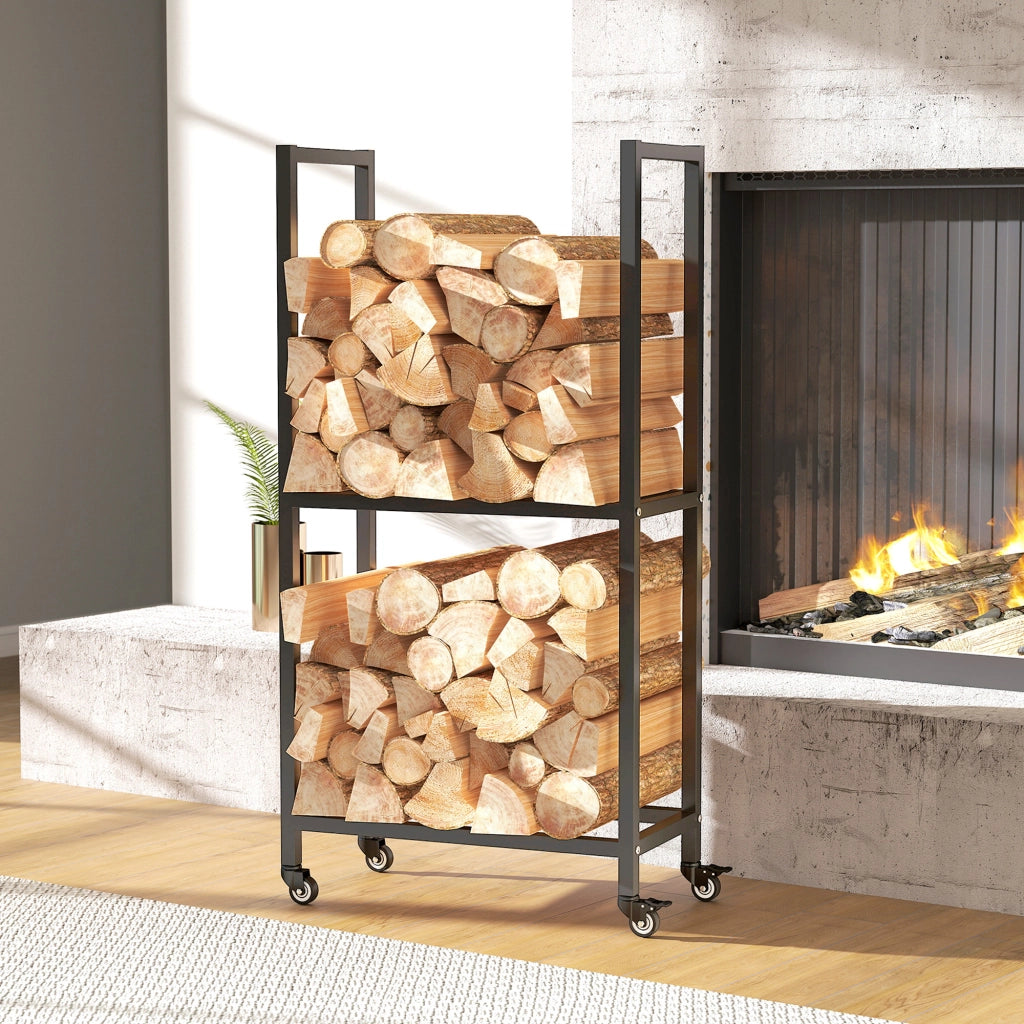 Portalegna da Esterno e Interno 60x30x119 cm a Due Livelli con Ruote in Acciaio Rinforzato Nero