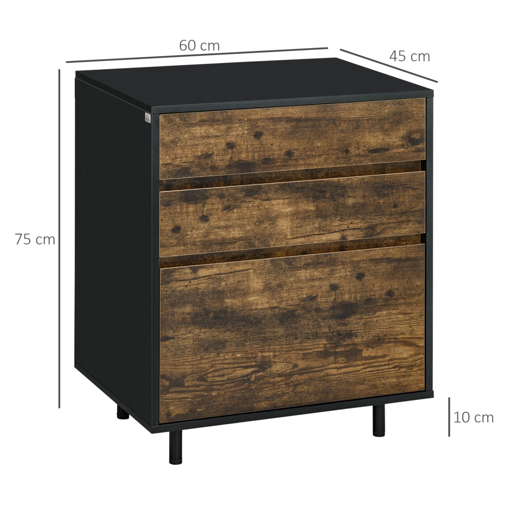 Easycomfort Cassettiera con 3 Cassetti in Truciolato dallo Stile rustico, 60x45x75cm, Marrone e nero