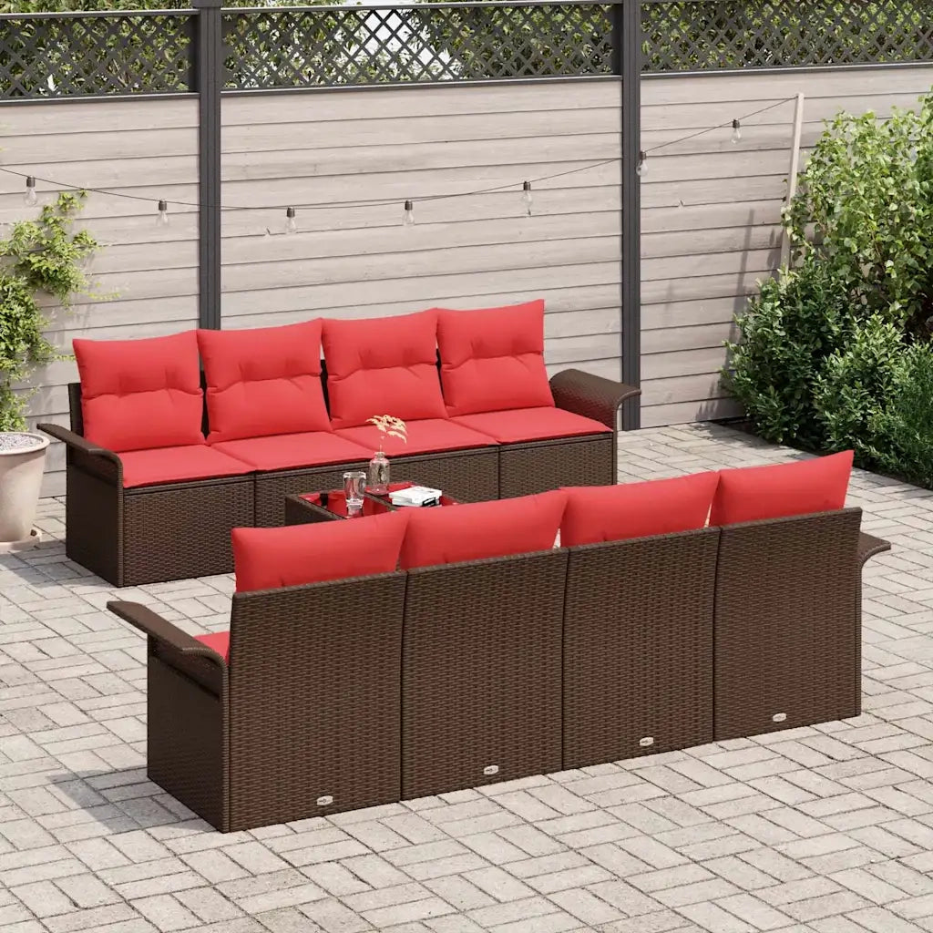 Set Divano da Giardino 9 pcs Beige e Rosso polyrattan