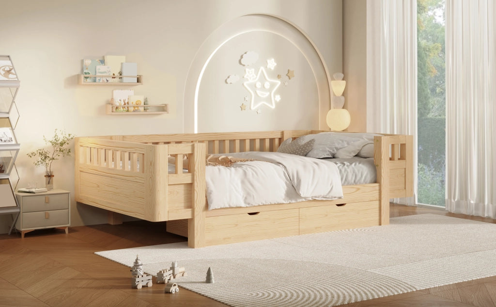 Letto a piattaforma con spondale di sicurezza e due cassetti, in legno, colore legno, per cameretta, 90 × 200 cm
