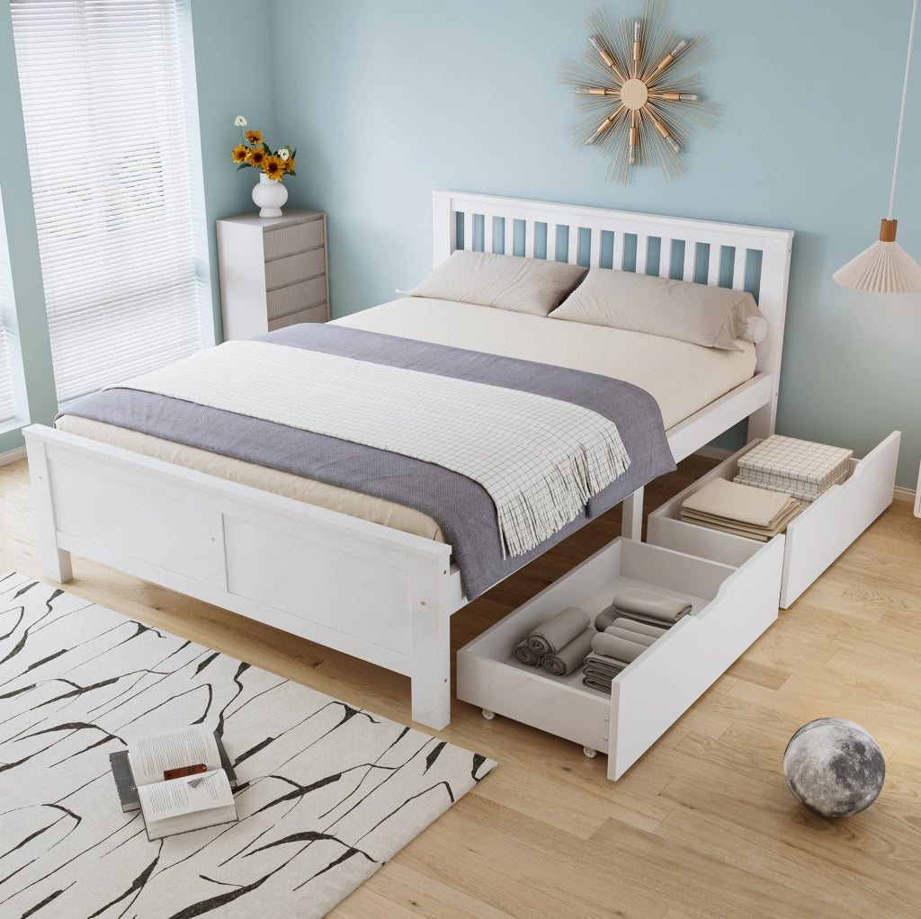 Letto matrimoniale 140x200 cm con 2 cassetti; legno massello bianco