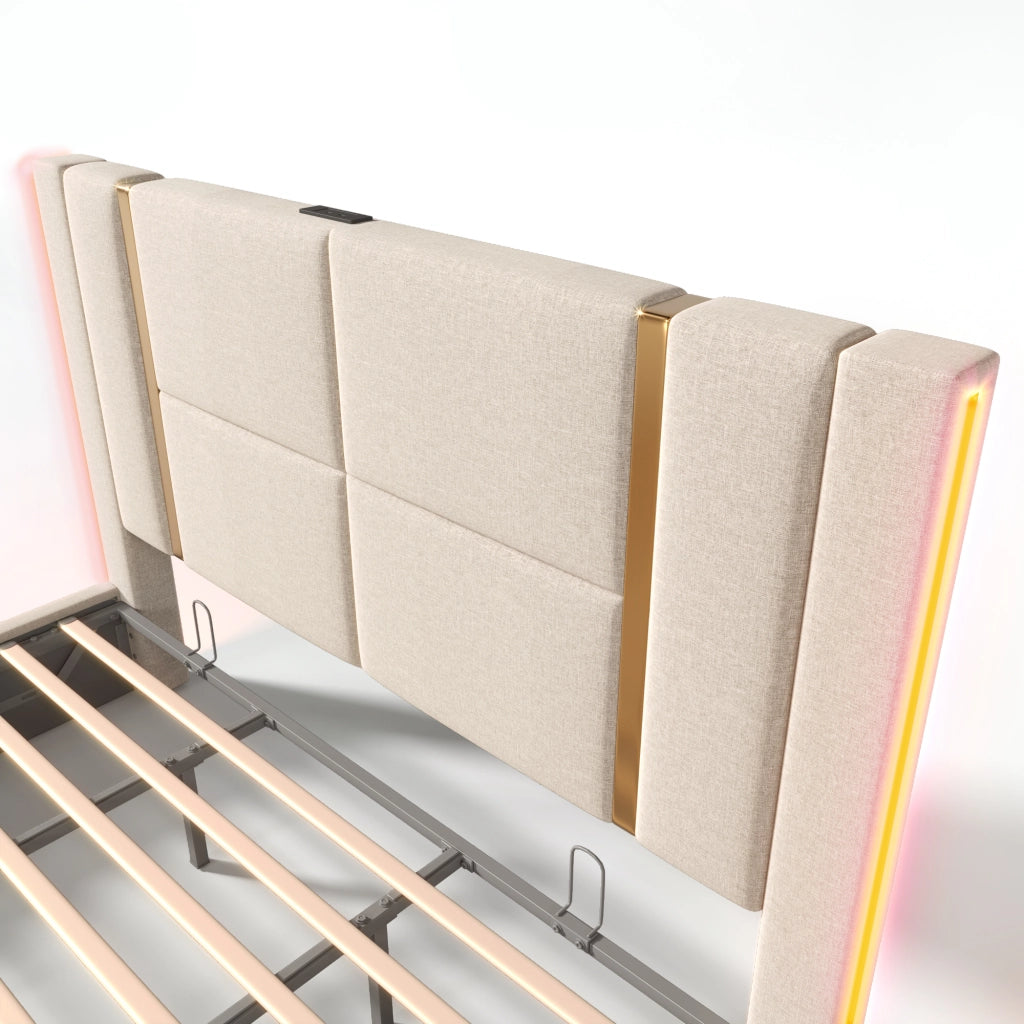 Letto Matrimoniale 2 Posti con Panca Contenitore; Luci da Lettura; USB e Comodini; 160×200 cm; senza Materasso