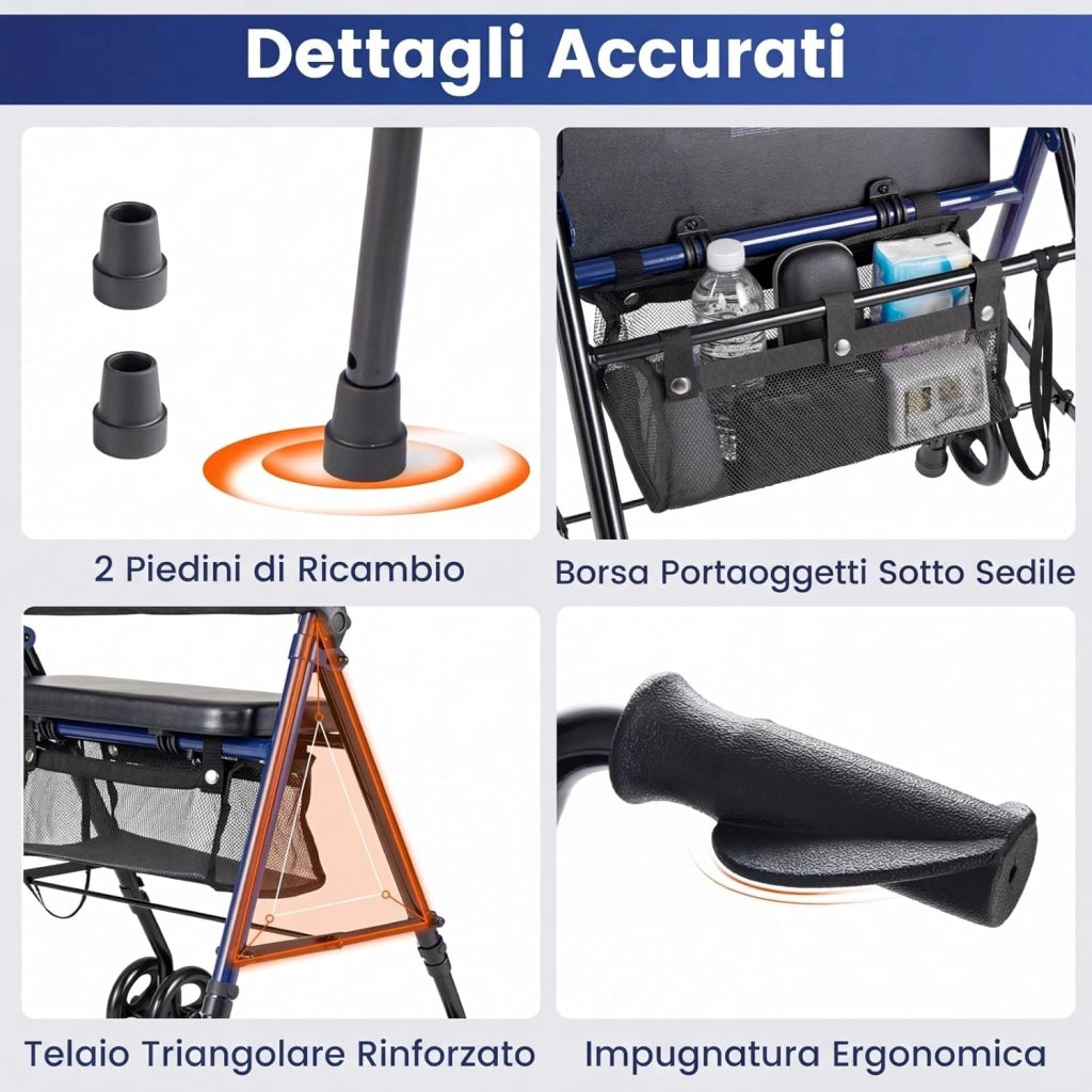 Deambulatore Pieghevole per Anziani, Girello a 4 Ruote con Sedile, Maniglie Regolabili a 8 Livelli, Schienale e Borsa a Rete, Deambulatore Rollator Ultraleggero per Disabil, Portata 136 kg