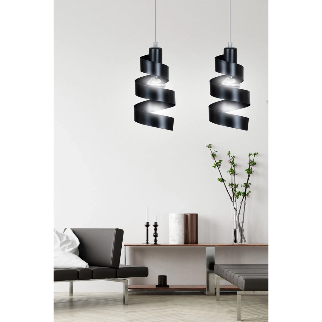 Lampadario Moderno 2 Luci Tristano In Acciaio Nero Con Fasce A Spirale