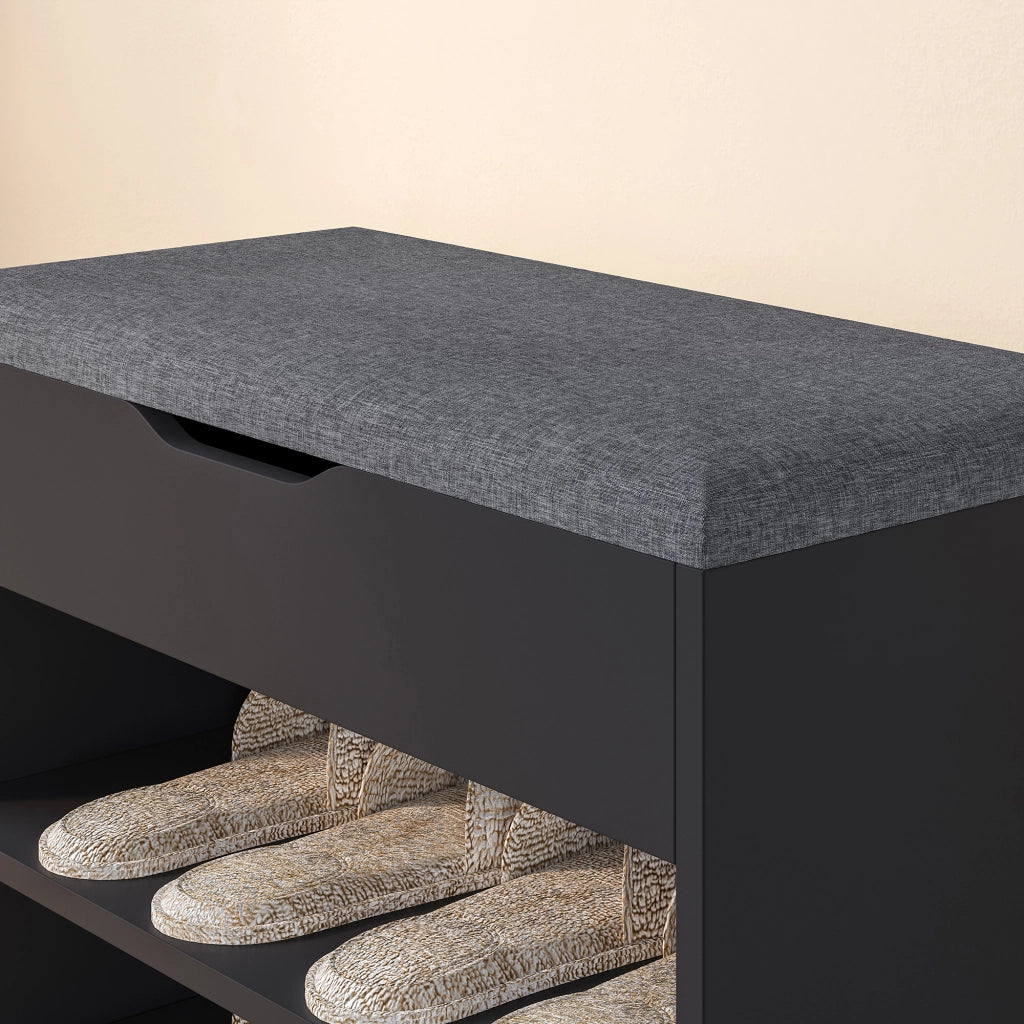 Panchina Portascarpe con Seduta Apribile (AxLaxP) 46 x 60 x 30 cm Panca da Ingresso/Corridoio Mobiletto con Seduta Imbottita, Contenitore e 2 Ripiani - Nero/Grigio