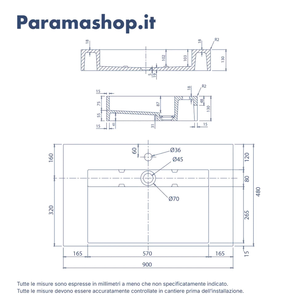 Lavabo sospeso a muro rettangolare 90x48x13 cm in microcemento bianco | Tasman