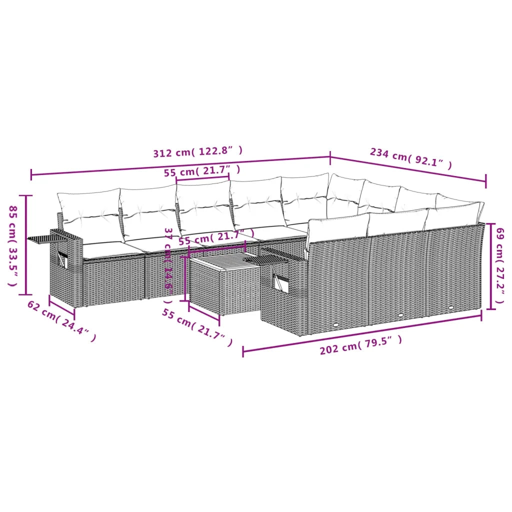 Set Divani da Giardino 11 pz con Cuscini in Polyrattan Grigio 3224744