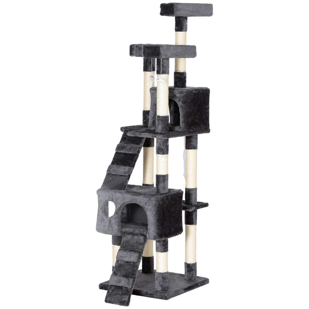 Albero Tiragraffi per Gatti con Casette e Posatoi ¨C Zephmum ¨C Legno e Peluche Grigio 49x49x173 cm
