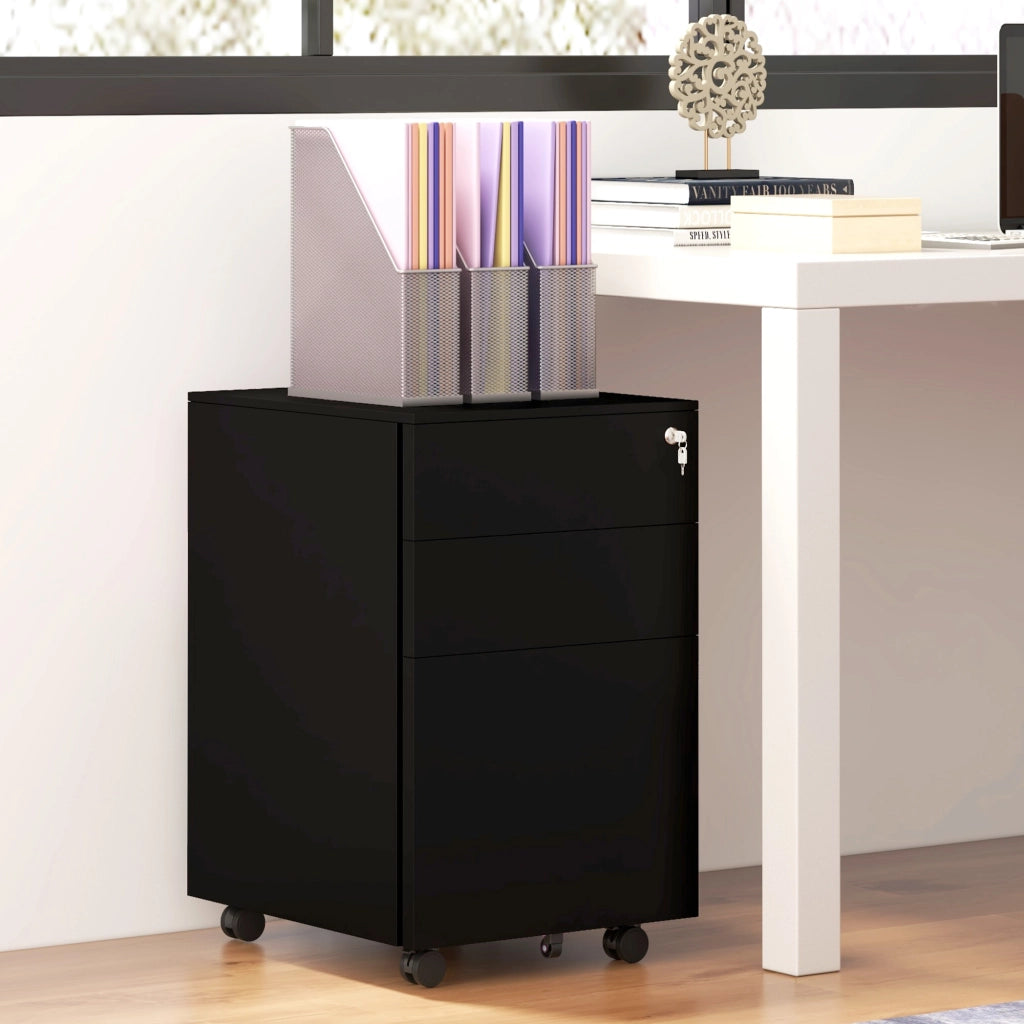 Cassettiera mobile con serratura, 3 cassetti ¨C zephmum ¨C Nero, 37x43.5x60 cm