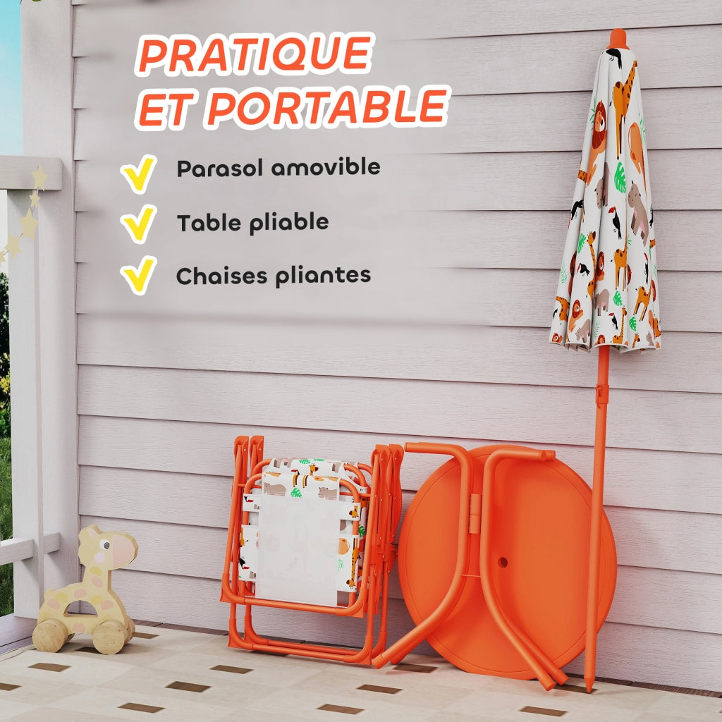 Set giardino bambini ¨C zephmum ¨C tavolo con 2 sedie pieghevoli e ombrellone, motivo animali, arancione
