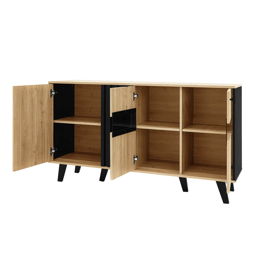 Credenza 140x78.5x41 cm con 3 ante; ripiani e LED; vetro e pannello truciolare